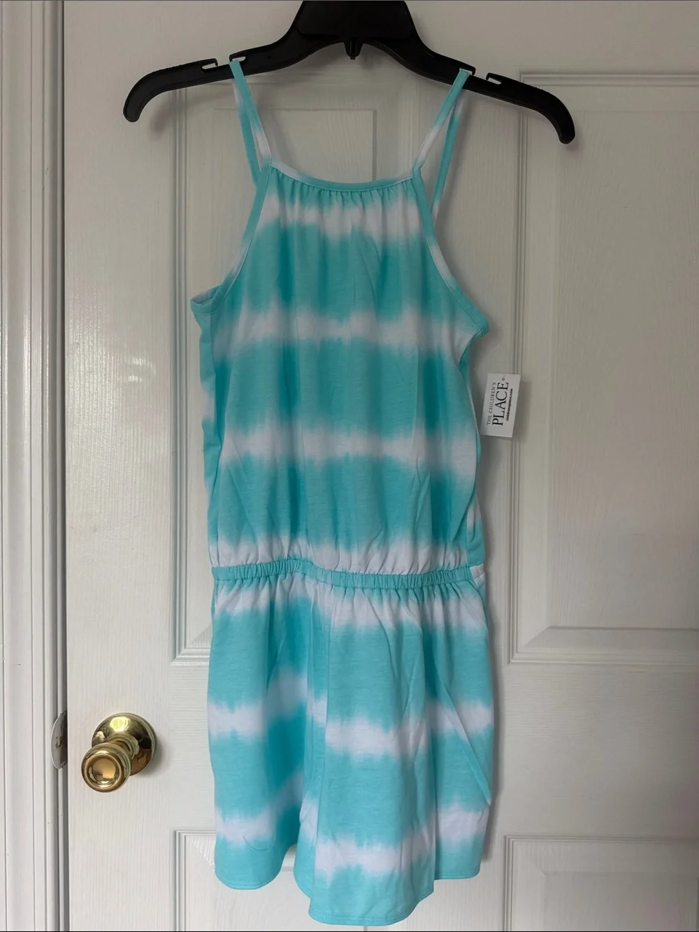 The Children's Place Aqua & White Tie-Dye Girls' Strap Romper Size XL